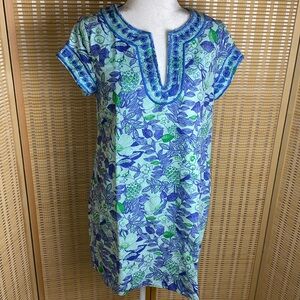 Vineyard Vines Mint Green Blue Floral Birds Linen Blend Tunic Dress  ( SZ 6)